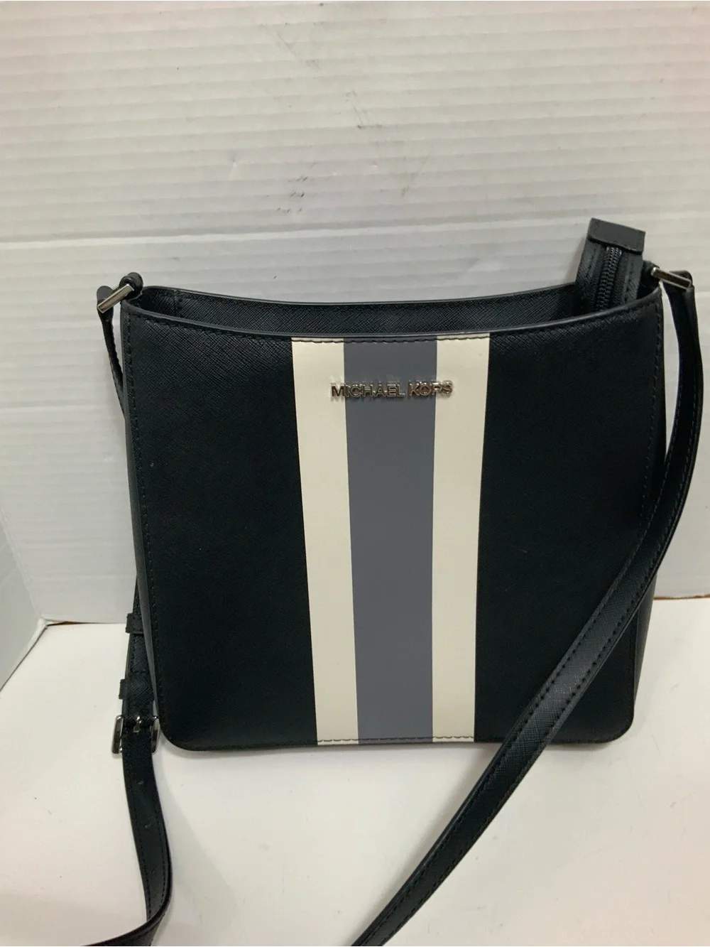Michael Kors Women Black Saffiano Leather Center Stripe Crossbody Bag Purse